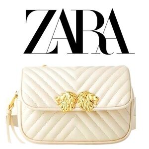 ZARA Double Lion Head Ivory Cross-Body Bag Adjustable with Gold Tone Accents NWT